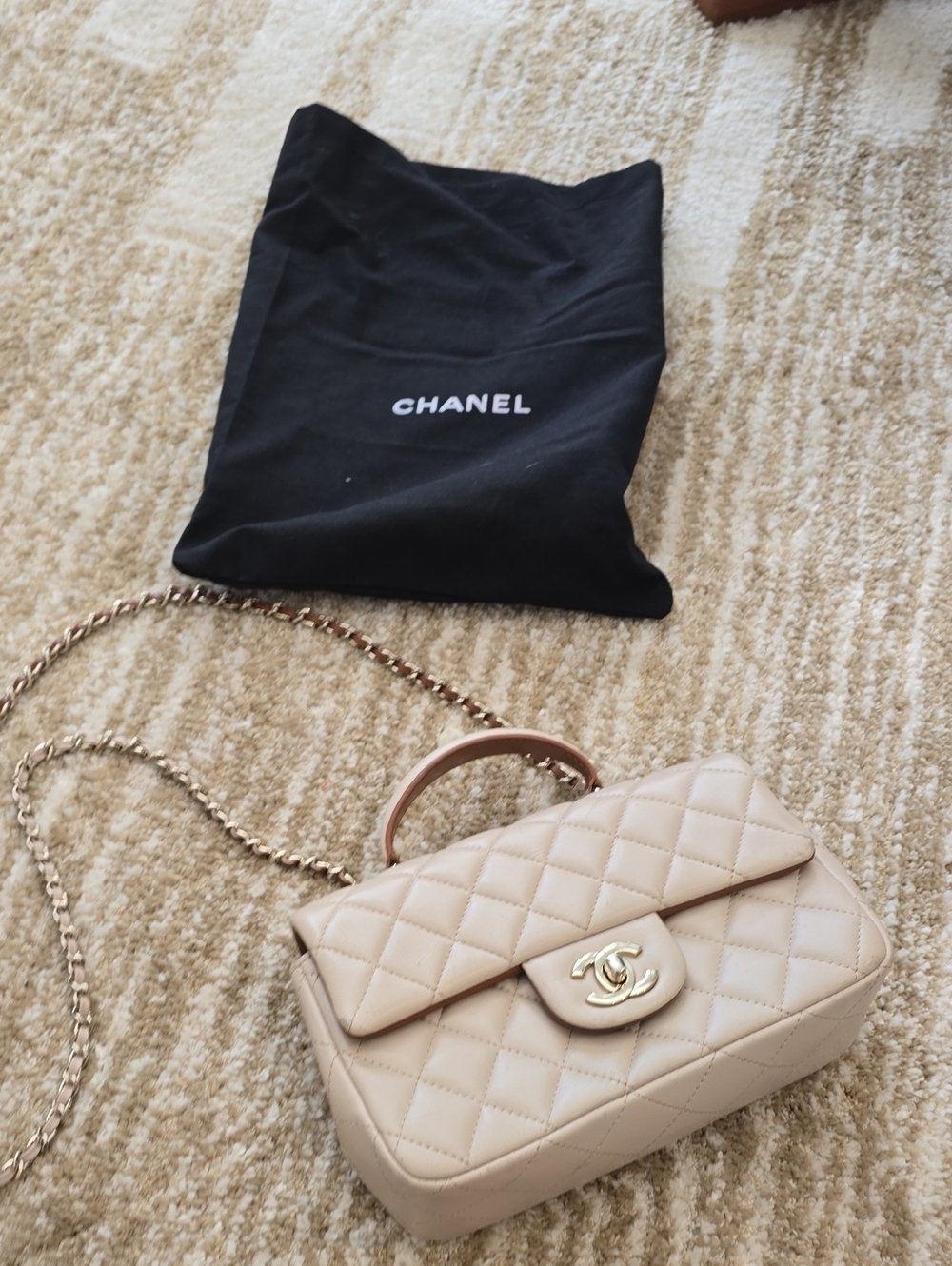 Beige Quilted Leather Mini Crossbody with Top Handle